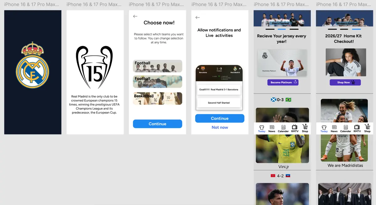Football fan app concept showing onboarding, team selection, notifications and news screens