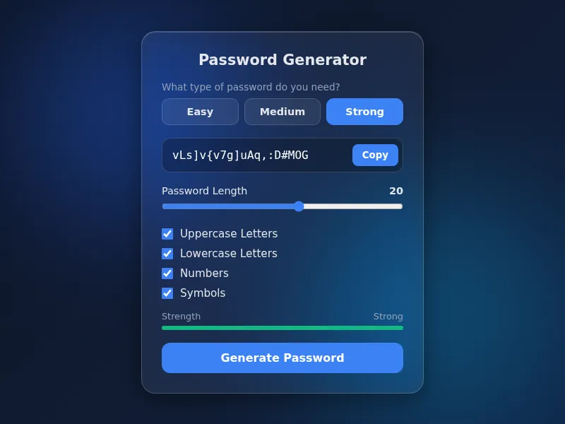 Password Generator app showing Easy, Medium and Strong presets, a length slider, character options and a strength meter