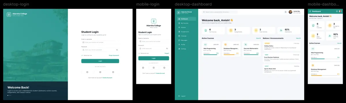 Student portal design showing desktop and mobile login and dashboard screens