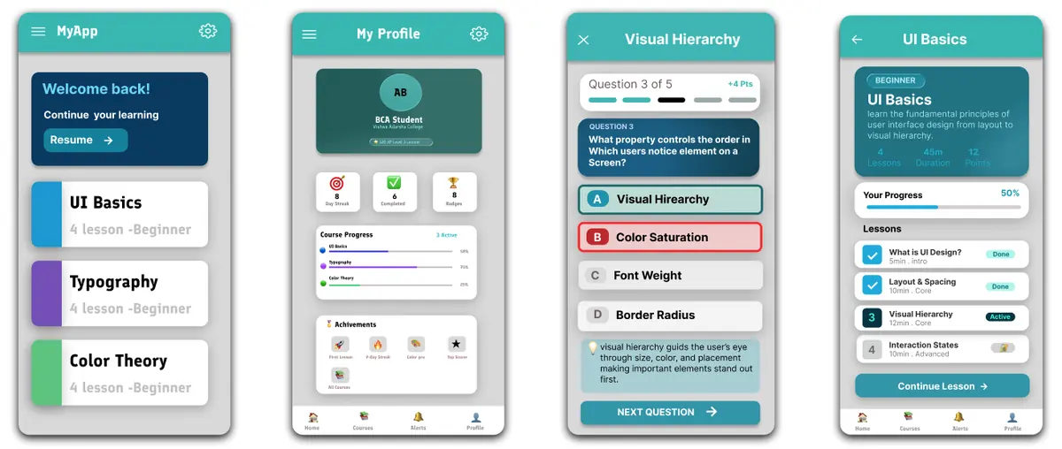 UI learning app design showing home, profile, quiz and lesson screens